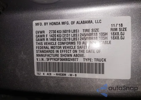 2019 Honda Ridgeline Rtl z USA, uszkodzony, nr VIN 5FPYK3F56KB024977